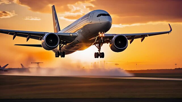 Commercial Passenger Airplane Taking Off Landing in Airport at Sunset Sunrise with Blurred Bokeh Lights Background