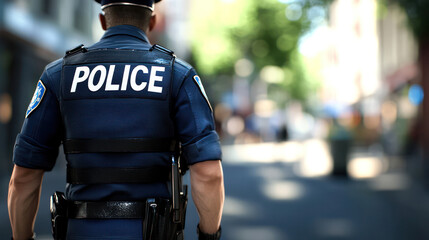 Fototapeta premium Police Officer Standing on Urban Street. Rear View of Law Enforcement Uniform and Equipment.