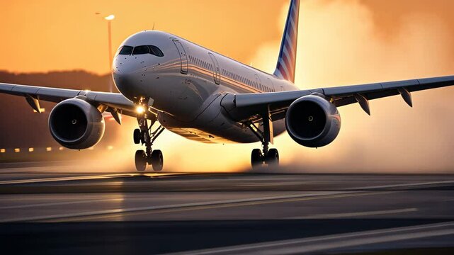Commercial Passenger Airplane Taking Off Landing in Airport at Sunset Sunrise with Blurred Bokeh Lights Background