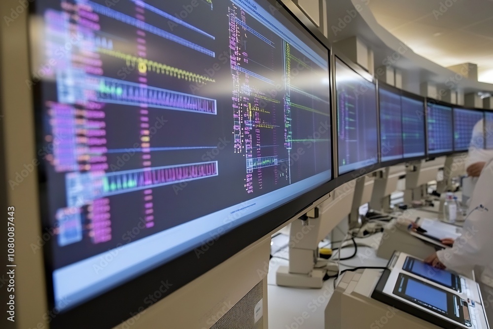 Poster high tech dna sequencing lab analyzing genetic samples using advanced machines and digital screens