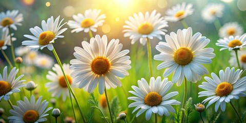 Fototapeta premium Sunlit Daisies in a Field of Green - A Close-Up of Nature's Simplicity