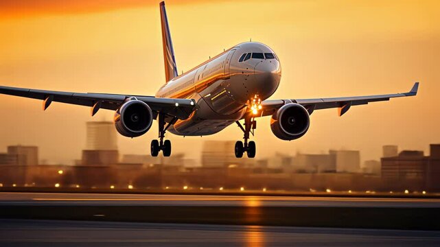 Commercial Passenger Airplane Taking Off Landing in Airport at Sunset Sunrise with Blurred Bokeh Lights Background