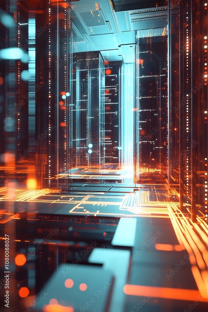 Poster cutting edge quantum network with futuristic data center and minimalist architectural design