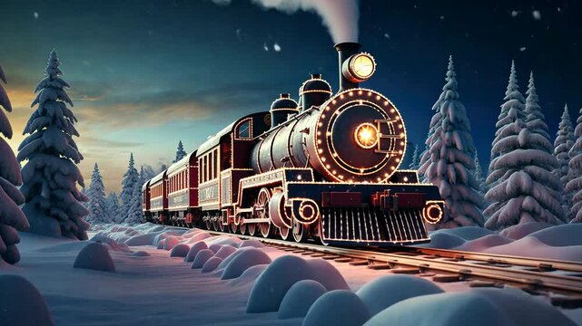 Christmas train, vintage steam locomotive with Xmas decoration in winter snowy forest

