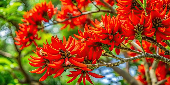 Erythrina Cristagalli showcases striking red blooms, enriching Argentina's landscapes with its vibrant Cockspur Coral Tree. Nature's beauty flourishes with this stunning floral display.