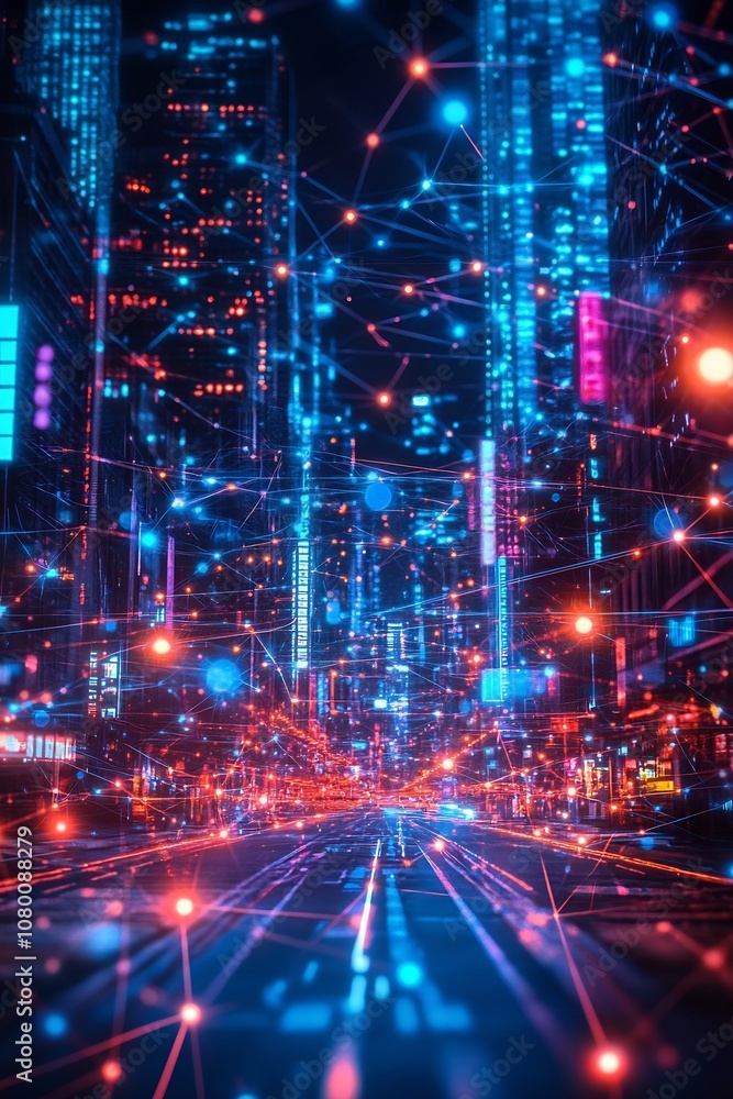 Poster glowing quantum networks ensuring secure data transfer in futuristic cityscape