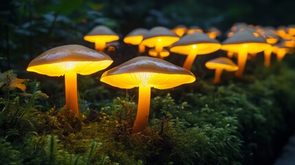 Fototapeta premium A close-up of illuminated mushrooms glowing in the dark forest, creating a mystical ambiance