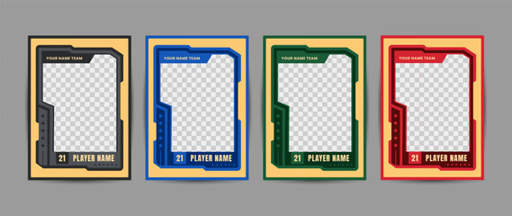 Collection of player frames for sports card template, Four frames show team and player names and number © Janicom AN