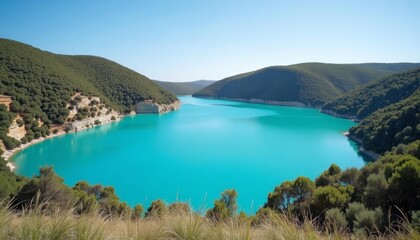 Obraz premium Enchanting lake nestled among verdant hills