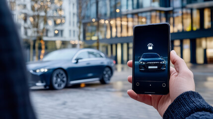 A person activates the car alarm on their smartphone and the car and lock icon is displayed on the screen.
