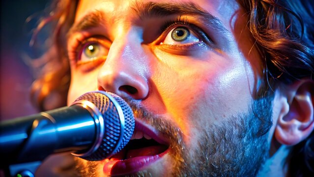M&uacute;sico apasionado actuando en el escenario, mostrando una conexi&oacute;n emocional a trav&eacute;s de ojos expresivos y detallados.