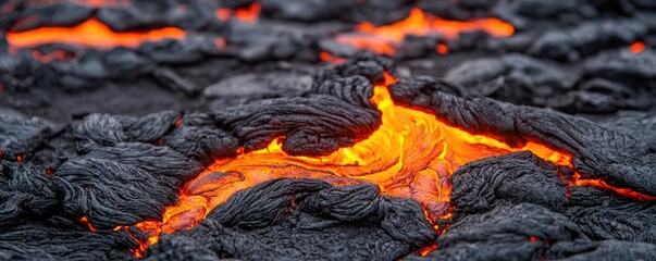 Close-up view of molten lava flowing over hardened rock surface.