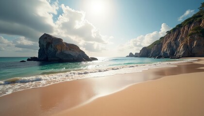  Tranquil beach scene with rocky cliffs and clear waters