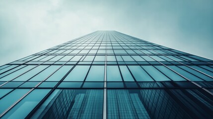 Fototapeta premium A modern glass tower with angular architecture, viewed from below, reflecting the sky and surroundings.