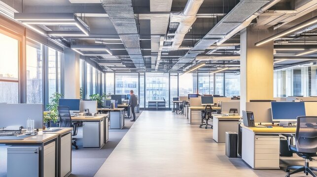 Modern Open-Plan Office Space with Desks and Computers