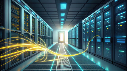 High - Tech Data Center, Virtual Servers, Light Streaks, Symbol - Moving Path for Big Data Processing in Futuristic Film.