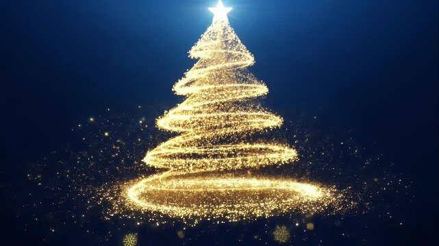 Elegant Christmas tree shape created from golden light particles on a luxurious dark blue velvet background, sparkling gently