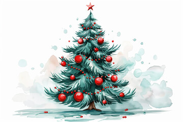 Christmas tree cartoon with red balls and garland watercolor style on a white background.