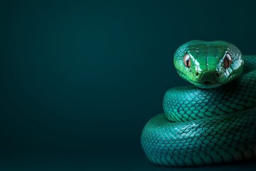Fototapeta premium A close-up view of a vibrant green snake against a dark background.