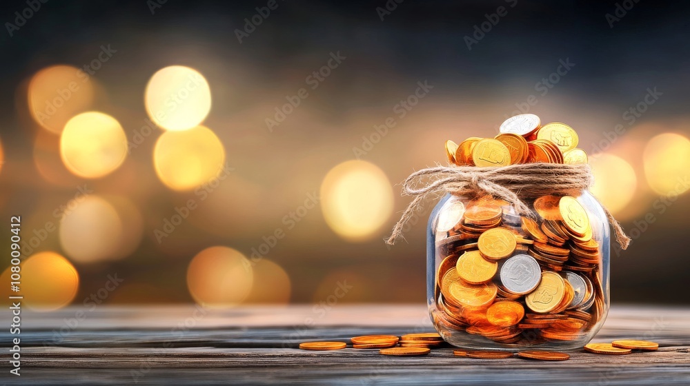 Poster a jar filled with coins against a blurred background of lights.