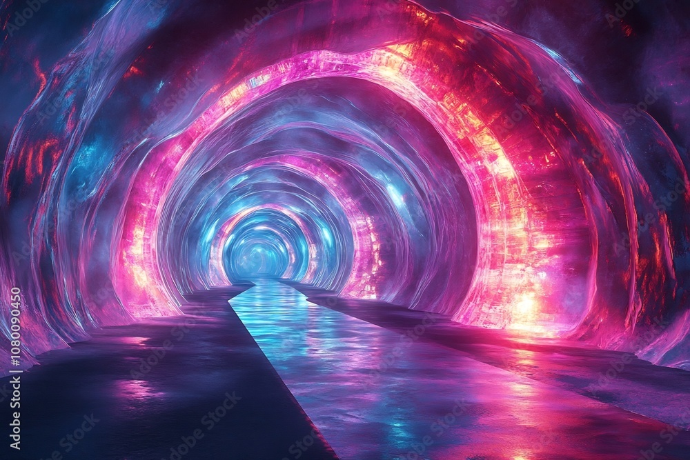 Poster vibrant neon tunnel with flowing ice patterns and ethereal lights futuristic 3d render