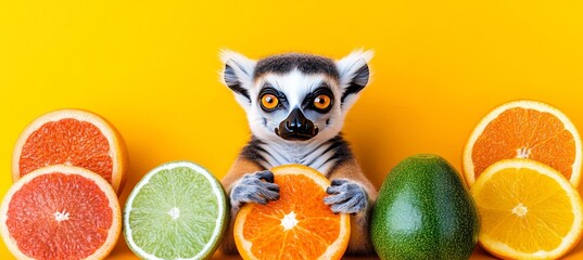 Naklejka premium Playful Primate Ring-Tailed Lemur Explores Vibrant World Of Citrus And Exotic Fruits