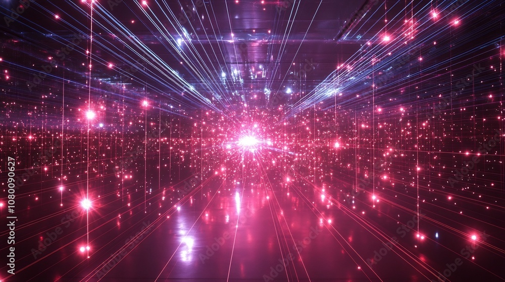 Poster elaborate laser grid system forming intricate web of glowing beams and vectors cutting edge