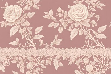 Delicate lace like flower pattern with roses and vines in shades of dusty rose and cream, Ai Generated