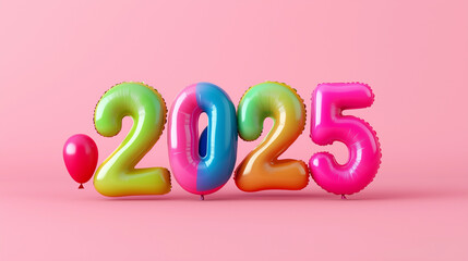 colourful balloons in the form word  2025 on pink background