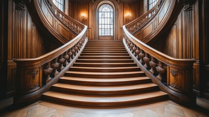 Ornate wooden staircase in a grand hall with a window.