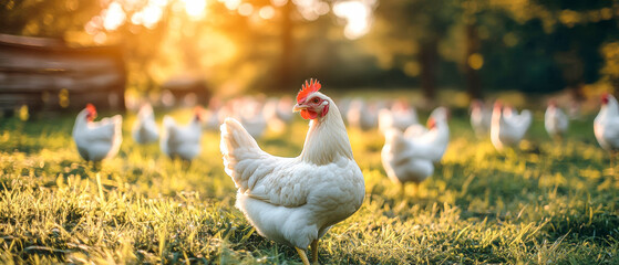 A serene chicken farm at sunset featuring white chickens roaming freely in a vibrant, rustic landscape with cinematic lighting