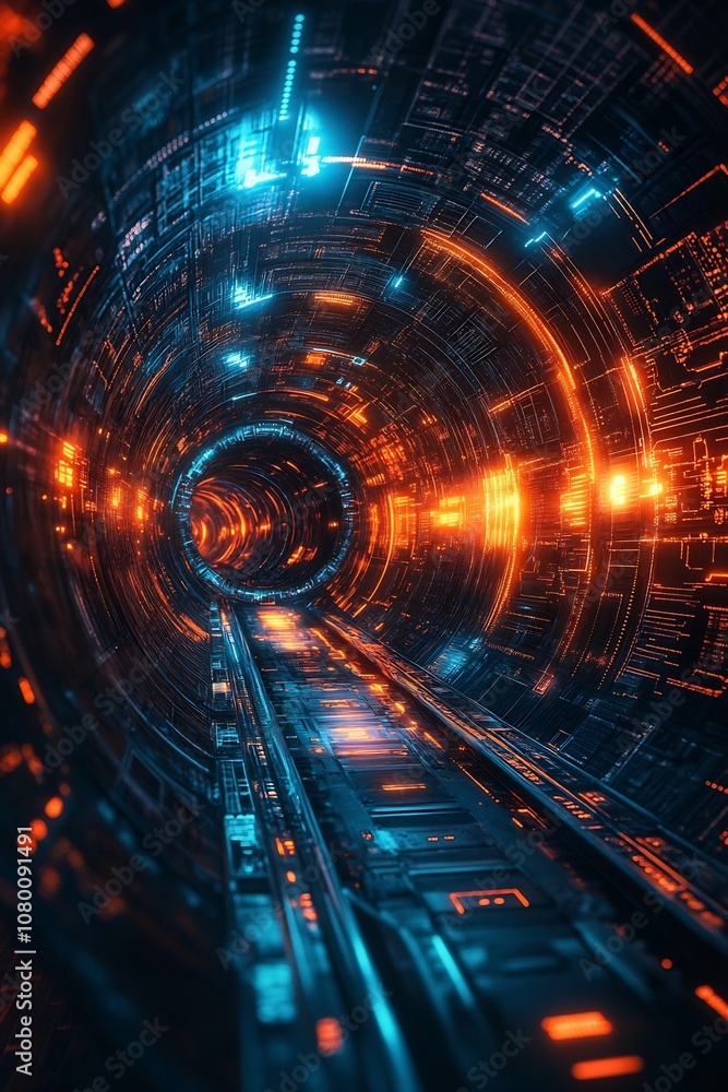 Aufkleber surreal geometric tunnel of interconnected digital circuits and vibrant data streams