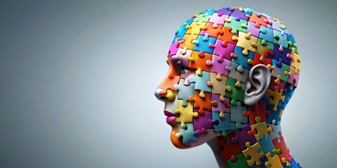 The Human Puzzle A 3D Rendering of a Face Composed of Interlocking Puzzle Pieces in Vibrant Colors, Illustrating Individuality and Diversity