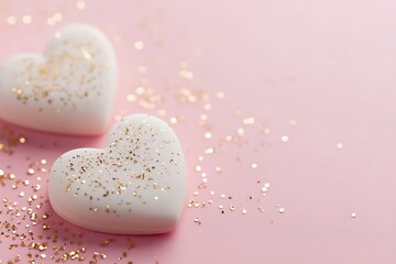 Fototapeta premium Delicate hearts with golden sparkles on a soft gradient pink background.