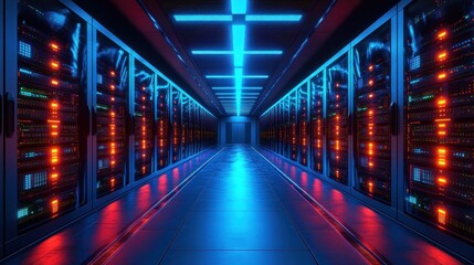 Server room with blue and red lights.