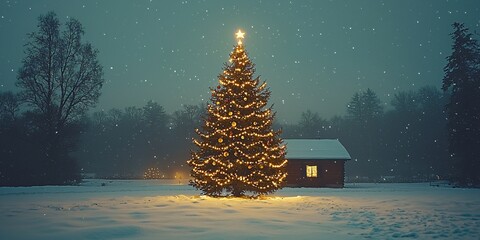 Enchanting Christmas tree in a snowy landscape, perfect for holiday cards, winter celebrations, or festive promotions under a serene, starry sky.