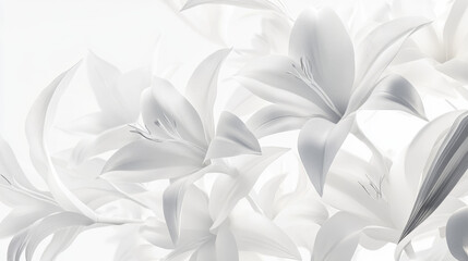 A bunch of white lilies with leaves, shown close-up against a white background. This image was created using a computer.
