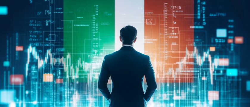 italian economy and finance . a businessman standing in front of a digital trading platform, economic growth, stock market chart, investment trends global challenges and opportunities.	
