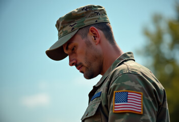 Obraz premium A young soldier in a camouflage uniform looks away thoughtfully.