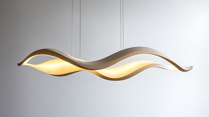 A modern, white, wave-shaped pendant light fixture hangs from the ceiling against a white wall.