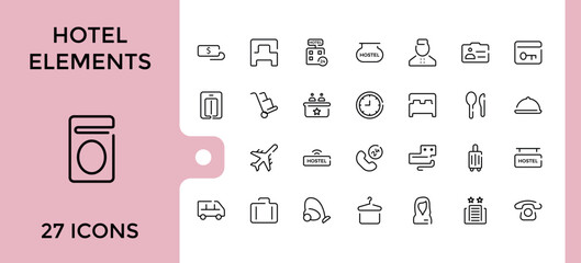 Hotel Elements icons set in line style. Related to set, thin, web, shower, travel, passport, airplane, vect. Thin UI icon design. Editable stroke. Vector illustration.