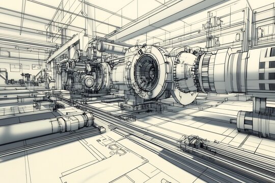 Detailed Engineering Blueprints and Precision Engineered Machinery in Minimalist Factory Interior