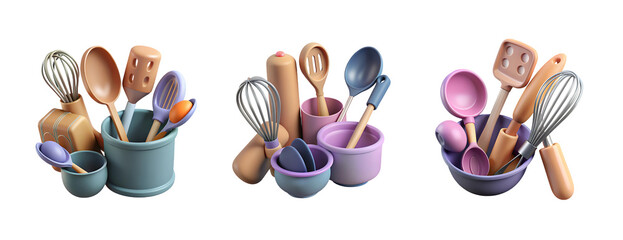 Fototapeta na wymiar 3D Set of Kitchen Utensils Isolated on Transparent Background for Creative Designs, Cooking and Kitchen Illustration