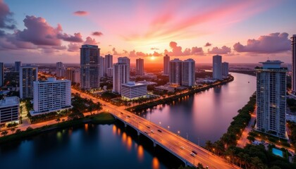 Fototapeta premium Vibrant cityscape at sunset with river and bridge