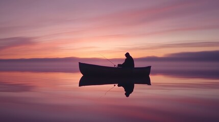 A silhouette of a person in a canoe on calm water at sunset, with vibrant hues reflecting on the surface, creating a serene atmosphere.
