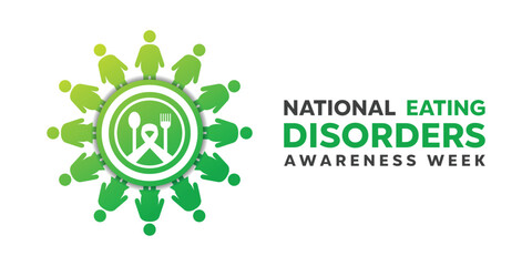 National Eating Disorder Awareness Week. People, plate, ribbon, spoon  and more. Great for cards, banners, posters, social media and more. White background. 