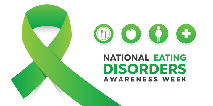 National Eating Disorder Awareness Week. Ribbon, plate, apple, people and plus icon. Great for cards, banners, posters, social media and more. White background. 