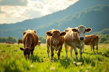  Peaceful pasture with grazing cows under a mountainous sky