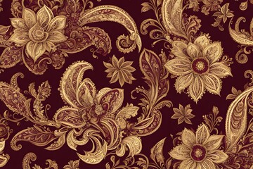 Elegant paisley flower pattern with intricate blossoms and leaves in shades of gold and burgundy, AI Generated