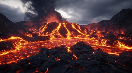 Erupting volcano with flowing lava, dramatic sky, and rocky landscape.